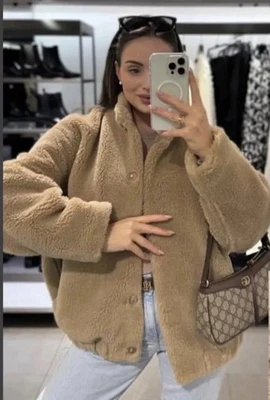 CHAQUETA BOMBER ZARA NUEVA MUJER ZW IMITACIÓN PIEL DE OVEJA MARRÓN ARENA Talla XS-S4360/243 Foto 1 de 4