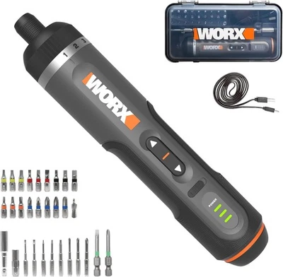 WORX 4V Lithium Screwdriver 30-Piece 9.53L*4.92W*2.44H, Black/Silver  - Image 1 of 4