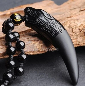 Natural Black Obsidian Carved Chinese Wolf Tooth Lucky Pendant + Beads Necklace - Picture 1 of 8