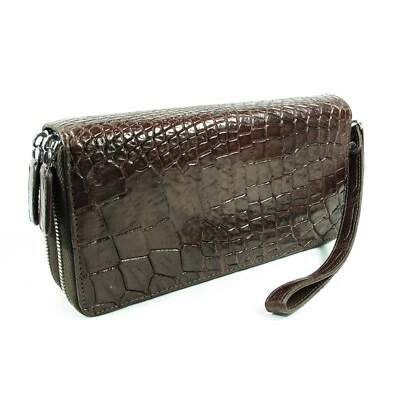 Portafoglio donna pochette doppia cerniera in vera pelle di coccodrillo marro... - Immagine 1 di 4