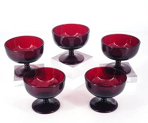 5er Set, 50er Jahre Anchor Hocking Royal Rubinrot Glas Fuß Sherbet Dessertbecher - Bild 1 von 7