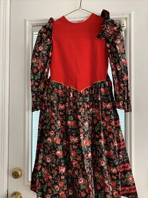 Vintage 80s Red Cotton Velvet Holiday Dress Prairie Style Tulip Sleeve 12 XS S - Image 1 of 4