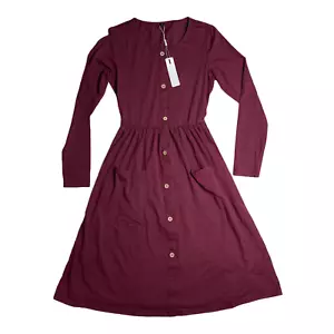 KILIG Women's Summer Dress Long Sleeves Button Decorations Burgundy Size Small - Picture 1 of 10