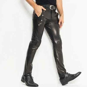 Pantalón estilo jeans de cuero para hombre hecho a mano suave negro piel de cordero pantalones pantalón-86 - Imagen 1 de 12