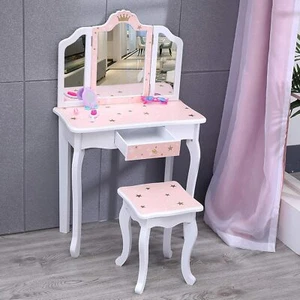 Kids Vanity Table and Chair Set Girls Vanity Set with Stool Tri-Folding Mirror - Picture 1 of 7