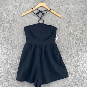 Old Navy Romper Womens Small Black Linen Blend Ring Halter Neck Smocked Back NWT - Picture 1 of 13