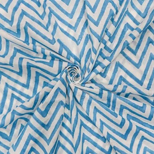 By Yard Fabric Indian Blue Zig Zag Hand Block Print Cotton Fabric Sewing Fabrics - Picture 1 of 9