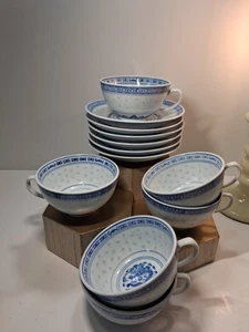 Vintage Dragon Blue White Rice Ware Cups Saucers Set Of 6 Made In China  - Picture 1 of 5
