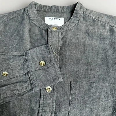 Camisa Antigua Azul Marino Mezcla Lino Para Hombre Pequeña Gris Banda Hoja Cuello Manga Larga Botón Foto 1 de 4