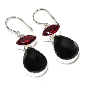 Black Spinel, Garnet Gemstone Handmade 925 Sterling Silver Jewelry Earring 1.81" - Picture 1 of 5