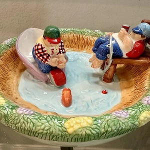 Lotus Chip and Dip Bowl Pond Vintage Beer Drinker & Fisherman 13” - Picture 1 of 17