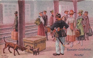 POSTCARD DOG THEME - RAILWAY STATION - DOGS - HAMSTER - PEOPLE - ARTHUR THIELE - Picture 1 of 2
