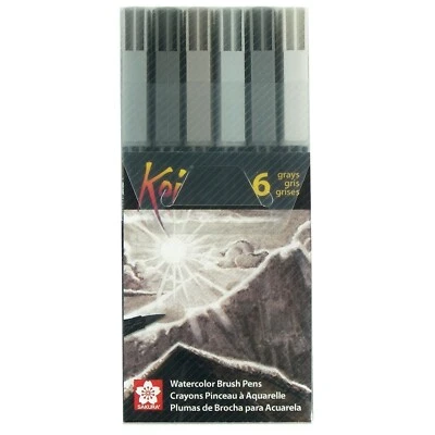 Conjunto de canetas pincel para colorir aquarela Sakura XBR-6SA Koi, 6 unidades, cinza sortido - Imagem 1 de 3