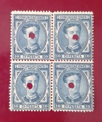 SELLOS ESPAÑA USADOS 1876 BLOQUE 4  TELÉGRAFOS ALFONSO XII. 1PTS. EDIFIL 175T - Imagen 1 de 2