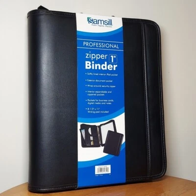 Samsill Professional Zipper Inch Holder Ring Binder Pockets Writing Black Vinyl - Image 1 of 4