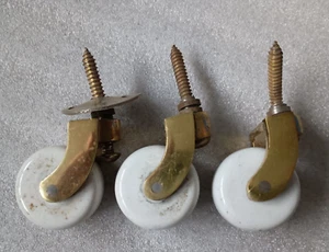 3 x Antique Brass & White Ceramic Caster Wheels Furniture Leg Repair Restoration - Picture 1 of 3