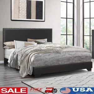 Queen Bed Upholstered Faux Leather Nailhead Trim Adult Frame Assembly Required - Picture 1 of 10