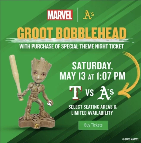 Oakland Athletics A's 2023 SGA Marvel Groot Bobblehead bobble 5/13 NIB 5/13/23 Cover