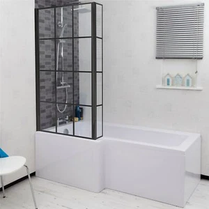 Bathroom L Shaped Bath Black Grid Shower Screen LH Front Panel White 1700mm - Picture 1 of 10