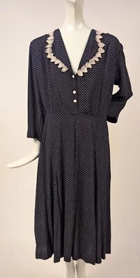 VINTAGE LATE 1930’S NAVY + WHITE POLKA DOT DRESS W LACE TRIMMED COLLAR - Image 1 of 4