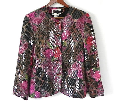 Chaqueta/Ablazer de Noche de Lentejuelas 100% Seda Multicolor Floral Cierre de Botones Talla 8 Foto 1 de 4