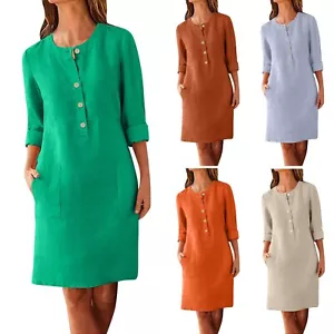 Womens Cotton Linen Round Neck Long Sleeve Dress Loose Solid Pocket Button Dress - Picture 1 of 30