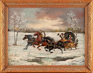 Painting, Oil on Canvas, Russian, Winter Scene, Gilt Fra, Horses, Sleigh, Signed - Picture 1 of 7