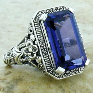 ART DECO STYLE 925 STERLING SILVER FILIGREE SIMULATED 8 CT ALEXANDRITE RING 001X - Picture 1 of 3