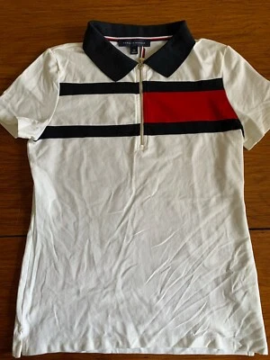 Camisa polo feminina Tommy Hilfiger tamanho XS S/S 1/4 zíper vermelha branca azul mistura de algodão - Imagem 1 de 4