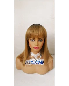 Ombre Brown Short Bob Synthetic Wig With Bangs Short Straight Glueless Wig Soft - Picture 1 of 1