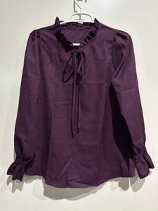 Purple Tie Collar Ruffled Cuffs Woman’s Blouse Size Small - Picture 1 of 5