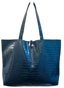 SAKS FIFTH AVENUE Navy Blue Embossed Faux Leather Crocodile Tote Shoulder bag - Picture 1 of 9