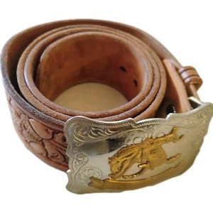 VTG Penney's Ranchcraft Hand Tooled Acorn Leather w Bucking Bronco Buckle 38X2" - Picture 1 of 11