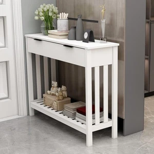 White Narrow Console Table with Storage Modern Wood Entryway Table with Drawe... - Picture 1 of 8