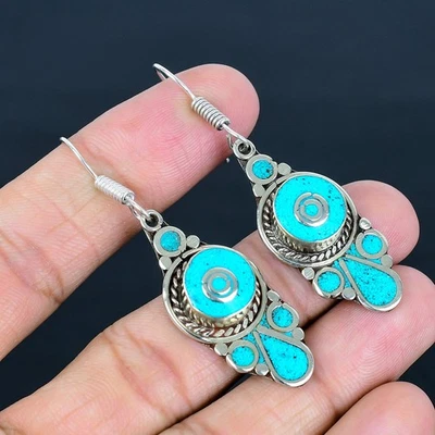 Turquoise Handmade Bohemian 925 Sterling Silver Tibetan Nepali Earring 2.4" R692 - Image 1 of 4