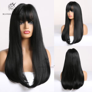 Long Straight Black Hair Synthetic Wigs for Women with Bangs Heat Resistant Wig