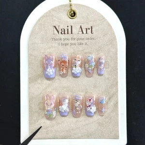 Handmade Cute Bambi Bunny False Nail Medium Coffin Press on Nail Nail Art - Picture 1 of 6
