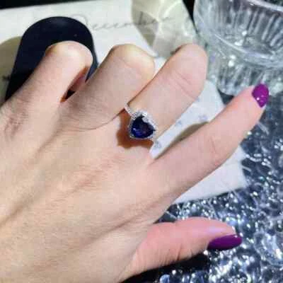 Anillo de compromiso de diamantes con zafiro azul natural de 2,32 quilates de plata de ley 925 talla 7 Foto 1 de 4