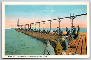 Michigan City Indiana~Fishing Pier~Perch Bite~Lighthouse @ End~1920s Postcard - Picture 1 of 2