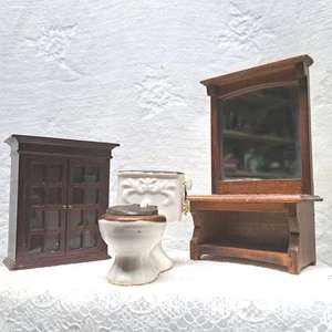 3 Pezzi Mobili Casa delle Bambole Vintage Specchiato Hutch Libreria WC così com'è - Foto 1 di 16