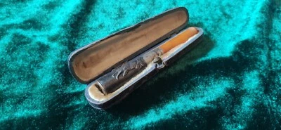 Antique GERMAN SILVER AMBER Cigarette holder Cheroot Holder with leather case - Image 1 of 4