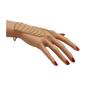 Women Gold Metal Hand Chain Bracelet Wave Connected Ring Adjustable Size Jewelry - Picture 1 of 11