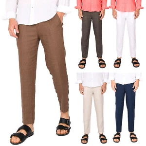 Pantaloni Uomo in Lino 100% Elegante Capri Pantalone Comodo Estivo Elastico Vita - Imagen 1 de 35