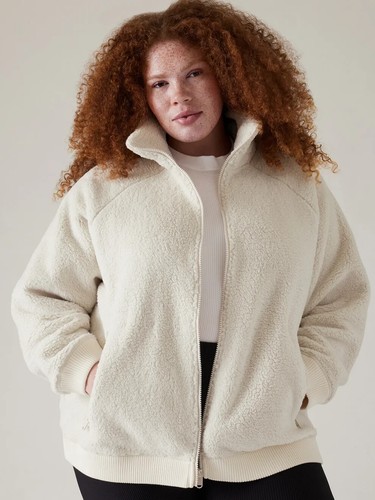 OFF WHITE Giacca Athleta Tugga collo alto sherpa avorio naturale vestibilità rilassata 2X NUOVO