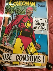 Original Condoman Condom Poster Aboriginal 1980’s Safe Sex Campaigne - Picture 1 of 9