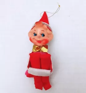 Vintage Christmas Knee Hugger Elf Pink Back & Stripes Arms Red Chenille Ornament - Picture 1 of 7