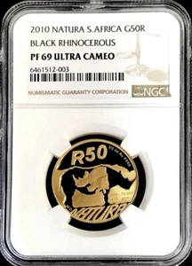 2010 GOLD SOUTH AFRICA 1/2 OZ 50 RAND BLACK RHINO NATURA COIN NGC PROOF 69 UC - Picture 1 of 2