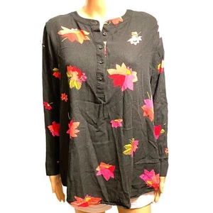 Amazon Essentials Boho Black Flowers Print Tunic Top Women Size L Long Sleeves - Picture 1 of 5