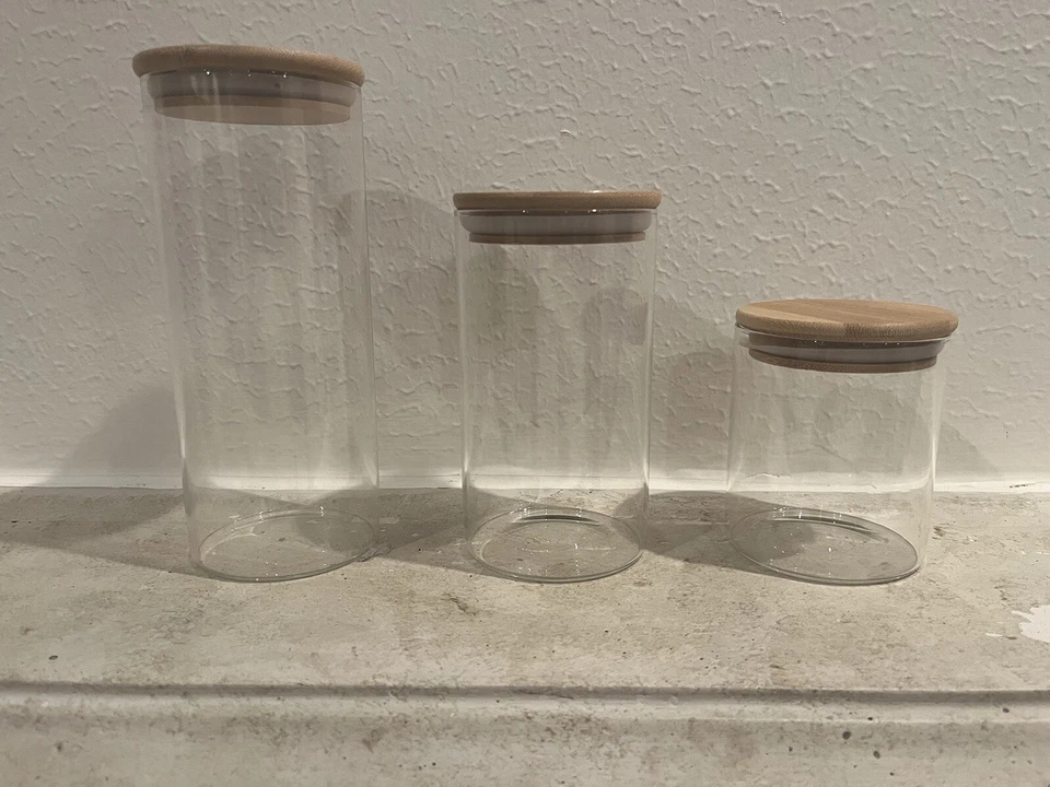 3 PCs /set Glass Storage Jar  Food &Containers with Airtight Bamboo Lid - Image 1 of 4