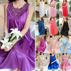 Women Satin Long Nightdress Silk Lace Nightwear Nightgown Sleepwear Loungewear - Picture 1 of 58